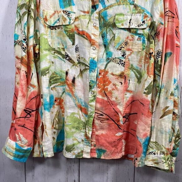 Vintage Chicos 100% Linen Tropical Snap Button Shirt Size L Coastal Grandma 90s - Picture 10 of 16